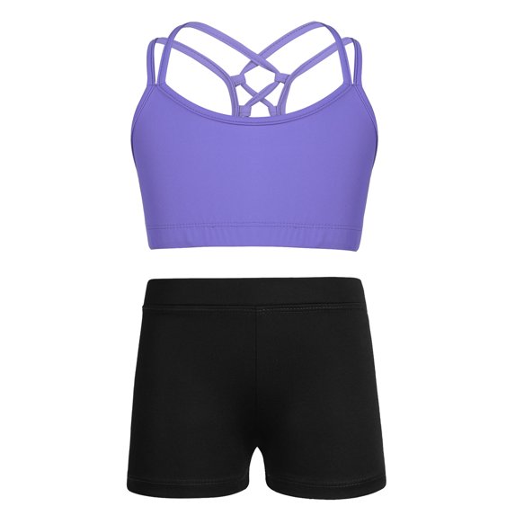 Yartina Big Girls 2-Piece Dance Gymnastics Sports Outfit Crisscross Back Crop Top with Booty Shorts Lavender 10