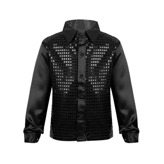 Yartina Boy's Dress Shirt Sequins Long Sleeve Shirts Choir Jazz Dance Party Black 10-12