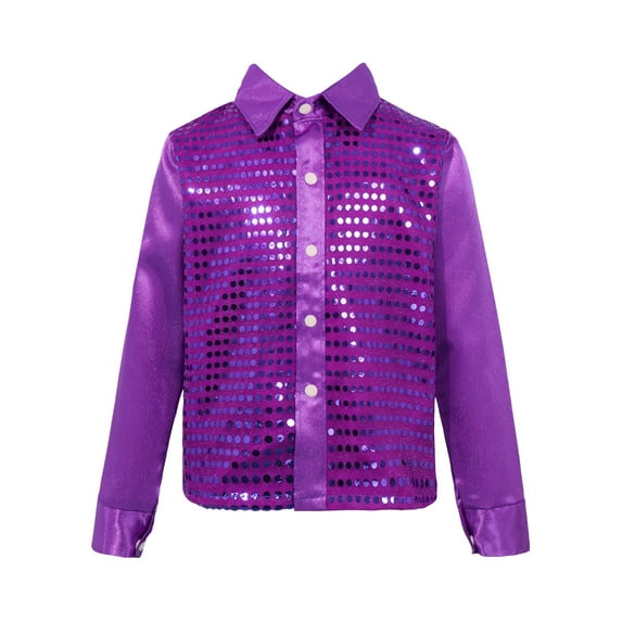 Yartina Boy's Dress Shirt Sequins Long Sleeve Shirts Choir Jazz Dance Party Purple 8-10