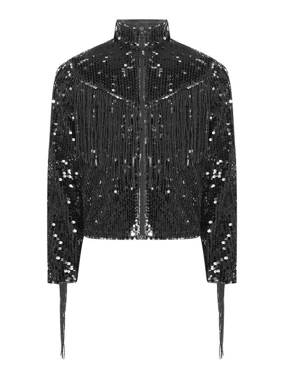 Boys Sequin Tassel Jackets Zipper Girls Fringe Bomber Coat Hip Hop Disco Dance Performance Tops Black 8