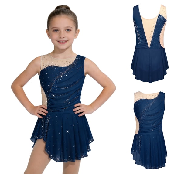 Yartina Figure Skating Dress for Girls Rhinestone Sleeveless Irregular Skirt Leotard Ballet Tutu Dress Navy Blue 14