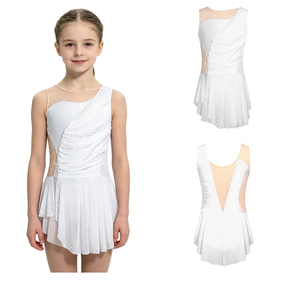 Yartina Figure Skating Dress for Girls Rhinestone Sleeveless Irregular Skirt Leotard Ballet Tutu Dress White 10