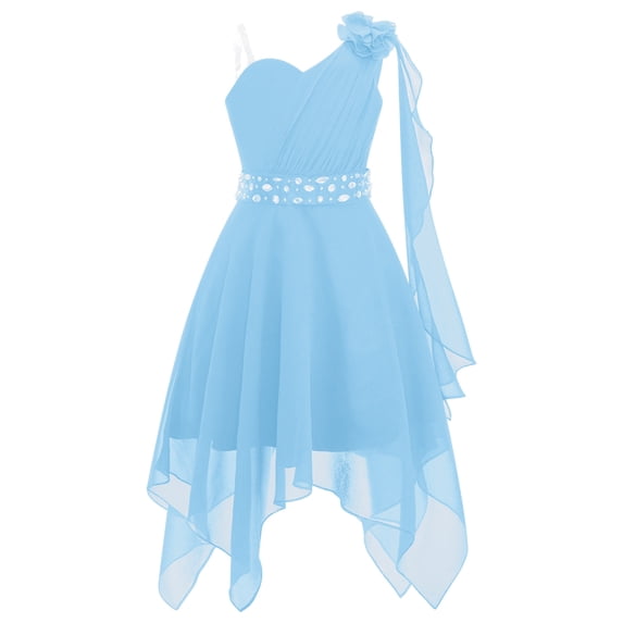 Yartina Flower Girl Dress Kids One Shoulder Chiffon Party Wedding Dresses Light Blue 10