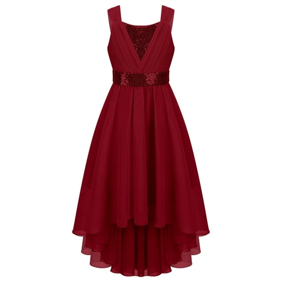 Yartina Flower Girl High Low Dress Kids Sleeveless Sparkly Sequins Chiffon Party Wedding Bridesmaid Burgundy 8