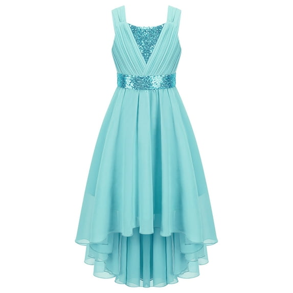 Yartina Flower Girl High Low Dress Kids Sleeveless Sparkly Sequins Chiffon Party Wedding Bridesmaid Turquoise 12