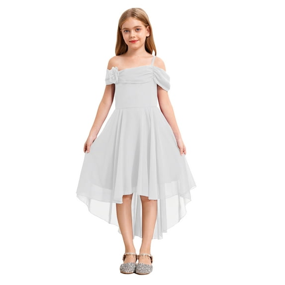 Yartina Girls 3D Applique Bridesmaid Dress Off Shoulder Irregular Hem Wedding Birthday Formal Dress White 10