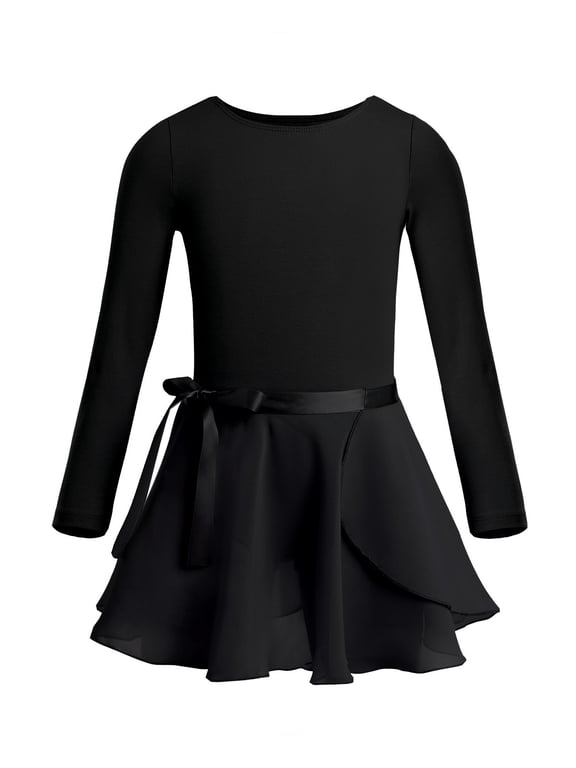 Girls Ballerina Long Sleeves Dance Leotard with Chiffon Wrap Skirt Ballet Dancewear Set Black M