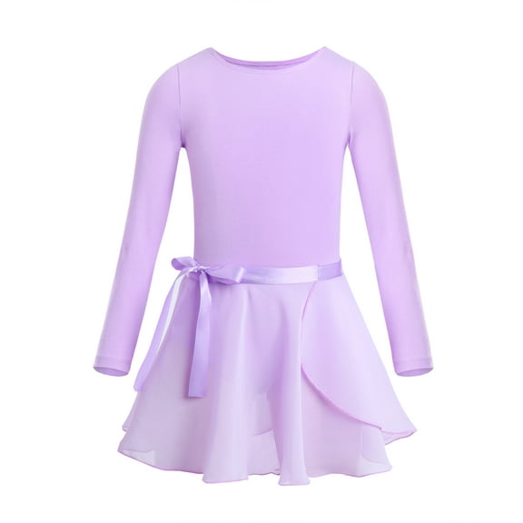 Yartina Girls Ballerina Long Sleeves Dance Leotard with Chiffon Wrap Skirt Ballet Dancewear Set Lavender L