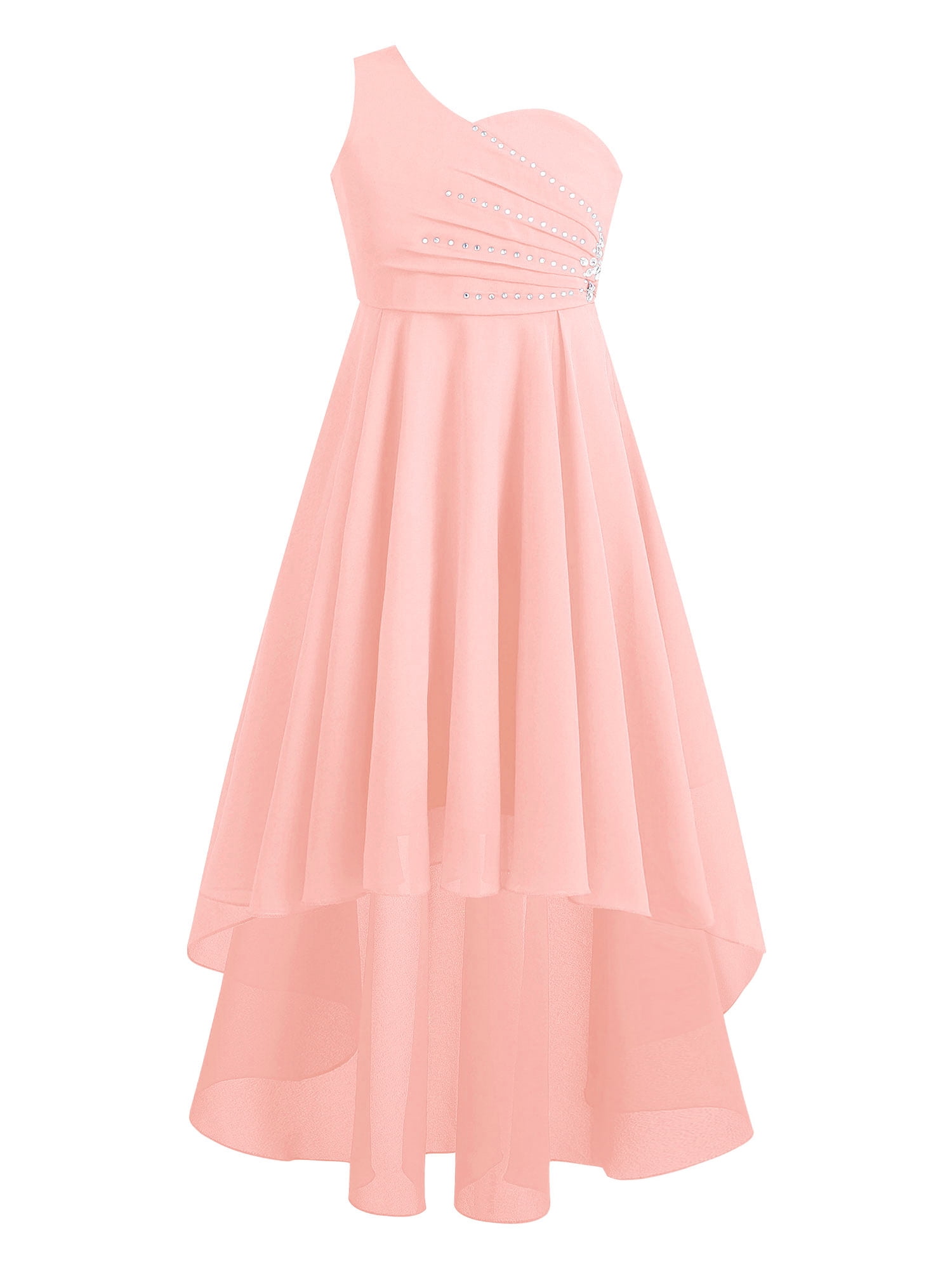 open lace back dress One Shoulder Pink Corset Sequin Tiered Long Formal Prom Dress – Babyonlines main image 0