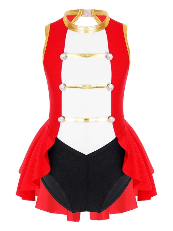 Girls Circus Ringmaster Jumpsuit Halloween Carnival Sleeveless Vintage Leotard Dancewear Red 6