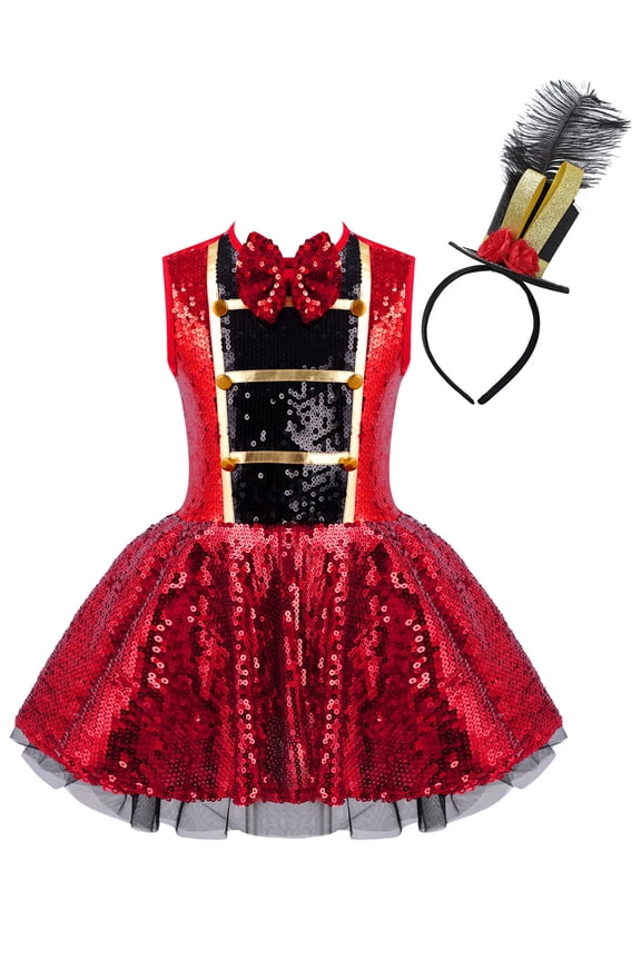 Girls Circus Ringmaster Outfits Halloween Sequins Tutu Leotard Dancewear for Kids Dress-Up Red 14