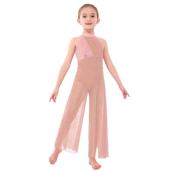 Yartina Girls Lyrical Dance Jumpsuit Sequin Sleeveless Wide Leg Bodysuit One Piece Figure Skating Outfit Pink 14