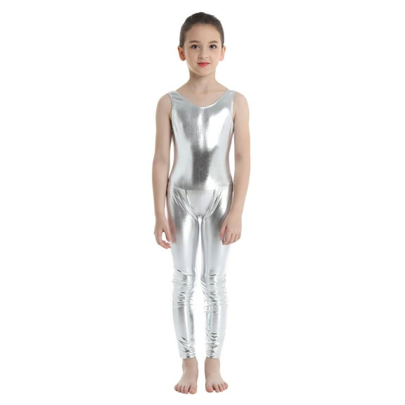 Yartina Girls Metallic Dance Sport Leotard Sleeveless Gymnastic Unitard Full Body Bodysuit Silver M