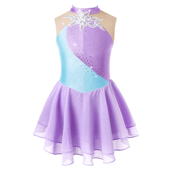Yartina Girls Rhinestones Ballet Dance Dress Figure Ice Skating Gymnastics Leotard Ballerina Costume Lavender 8