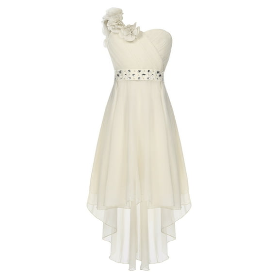 Yartina Girls Ruched Dress One Shoulder Birthday Party Prom Dress with Rhinestone Sash Champagne 6