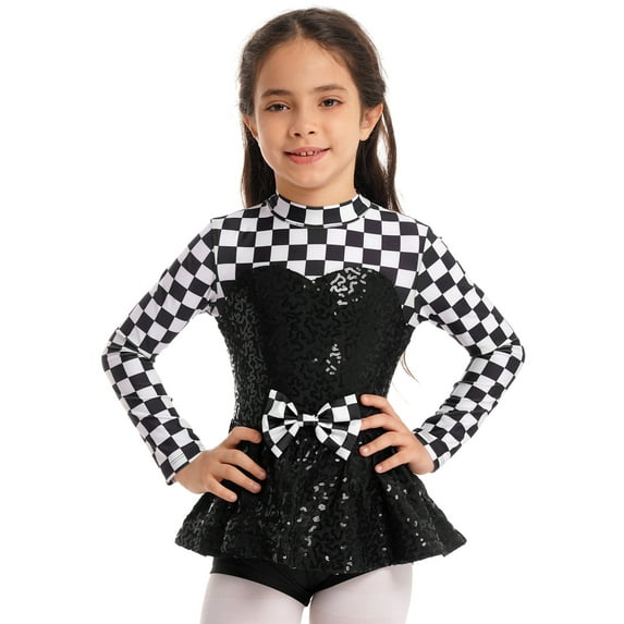 Yartina Girls Sequins Racer Jumpsuit Long Sleeve Race Car Driver Leotard Gymnastics Dance Unitard Black 8