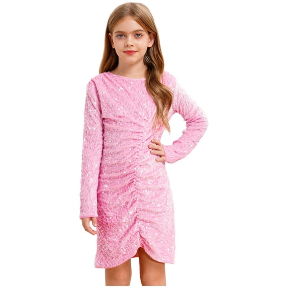 Yartina Girls Sequins Velvet Dress Kids Long Sleeve Ruched Bodycon Wedding Prom Party Pencil Dress Pink 6