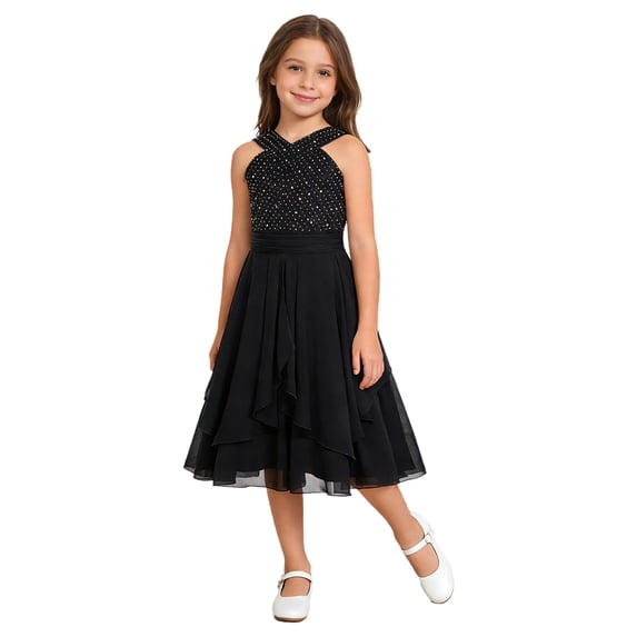Yartina Girls Shiny Rhinestones Wedding Bridesmaid Dress V Neck Sleeveless Pleated Party Dress Ball Gowns Black 8