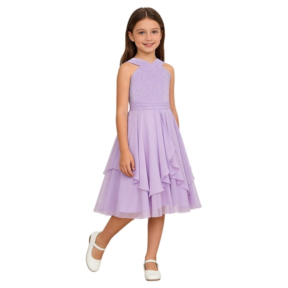 Yartina Girls Shiny Rhinestones Wedding Bridesmaid Dress V Neck Sleeveless Pleated Party Dress Ball Gowns Lavender 12