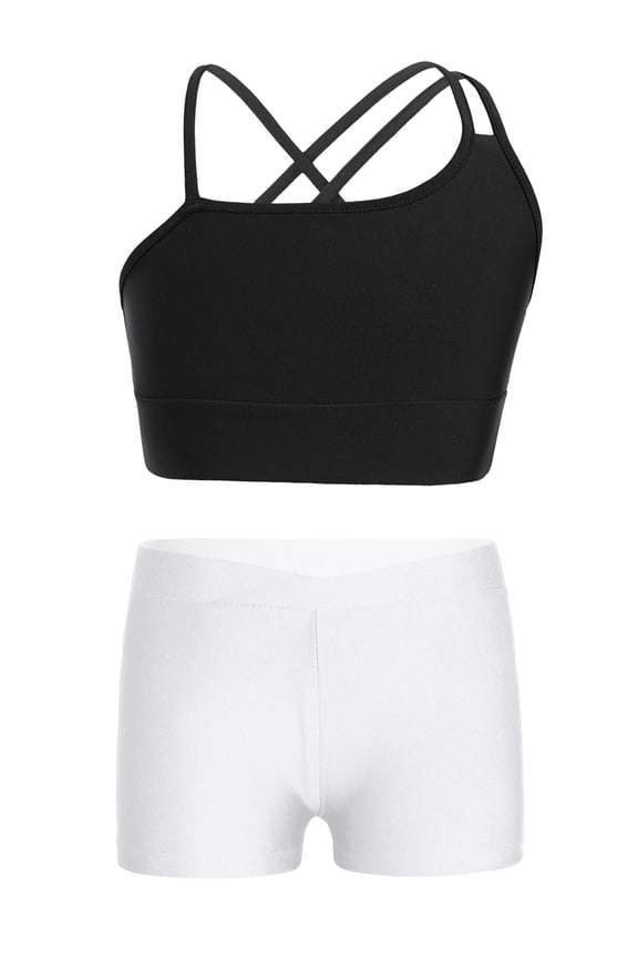 Girls Yoga Outfit 2pcs Crop Top and Track Shorts Set Athletic Workout Street Dance Outfit Black&White 3XL