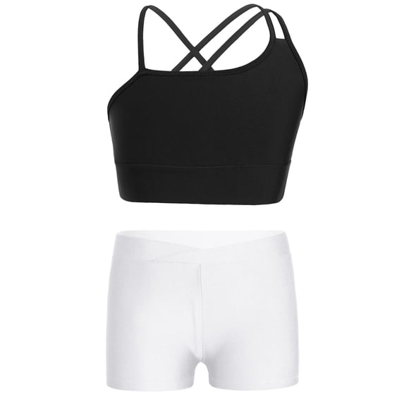 Yartina Girls Yoga Outfit 2pcs Crop Top and Track Shorts Set Athletic Workout Street Dance Outfit Black&White M