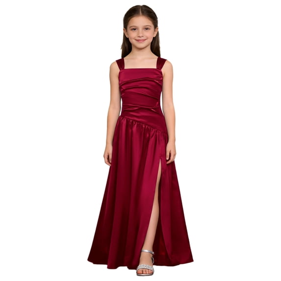 Yartina Junior Bridesmaid for Teens Ruched Long Maxi A Line Split Satin Flower Girl Formal Gown for Wedding Burgundy 8