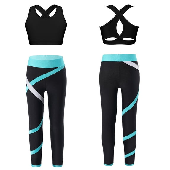 Yartina Kid Girls 2 Piece Dance Outfits Sports Bra Crop Tank Top Athletic Leggings Set Gymnastics Black&Green 12