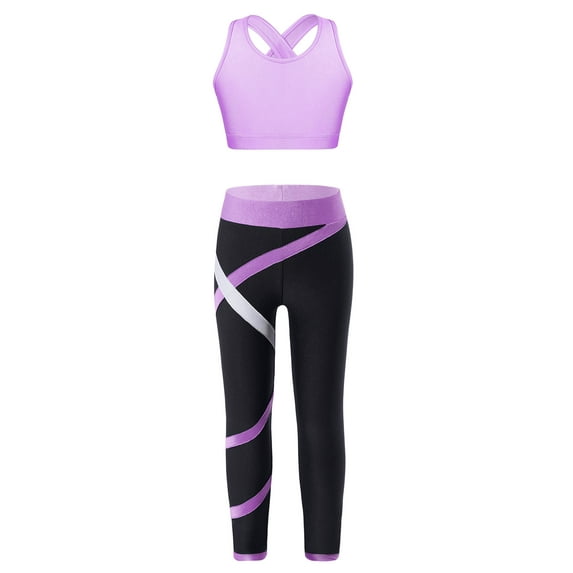 Yartina Kid Girls 2 Piece Dance Outfits Sports Bra Crop Tank Top Athletic Leggings Set Gymnastics Lavender 14