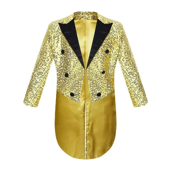 Yartina Kids Boys Classic Fit Tailcoat Lapel Long Sleeve Wedding Prom Party Sequins Blazer Jacket Gold 8