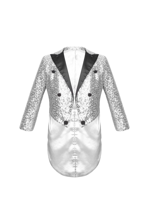 Kids Boys Classic Fit Tailcoat Lapel Long Sleeve Wedding Prom Party Sequins Blazer Jacket Silver 6
