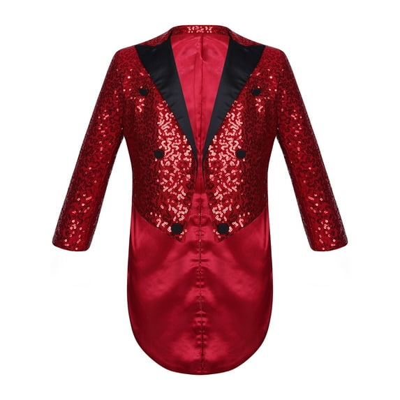 Yartina Kids Boys Classic Fit Tailcoat Lapel Long Sleeve Wedding Prom Party Sequins Blazer Jacket Burgundy 8