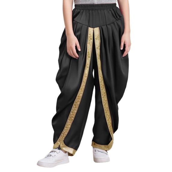 Yartina Kids Boys Dhoti Pants Satin Harem Trousers Traditional Draped Casual Baggy Pants with Gold Trim Black 16