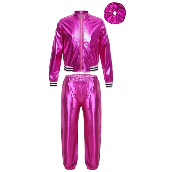 Yartina Kids Boys Girls Hip Hop Jazz Dance Costumes Shiny Metallic Bomber Jacket with Sweatpants Rose 8