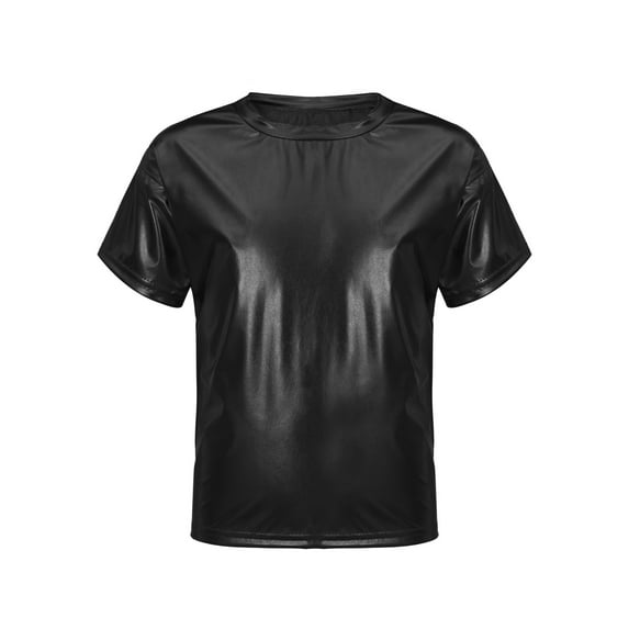 Yartina Kids Boys Girls Shiny Metallic T-Shirts Round Neck Short Sleeve Dance Tops Stage Performance Black 150
