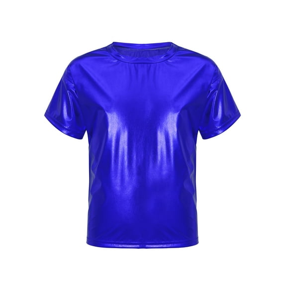 Yartina Kids Boys Girls Shiny Metallic T-Shirts Round Neck Short Sleeve Dance Tops Stage Performance Royal Blue 180