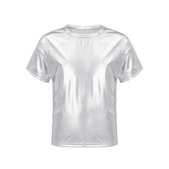 Yartina Kids Boys Girls Shiny Metallic T-Shirts Round Neck Short Sleeve Dance Tops Stage Performance Silver 160