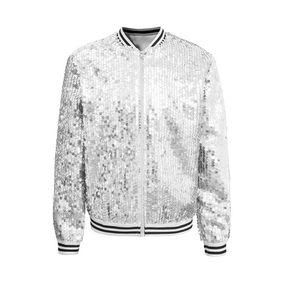 Yartina Kids Boys Girls Shiny Sequins Bomber Jacket Long Sleeve Baseball Sports Coat Hip-Hop Dance Silver 16