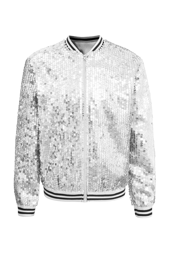 Kids Boys Girls Shiny Sequins Bomber Jacket Long Sleeve Baseball Sports Coat Hip-Hop Dance Silver 8