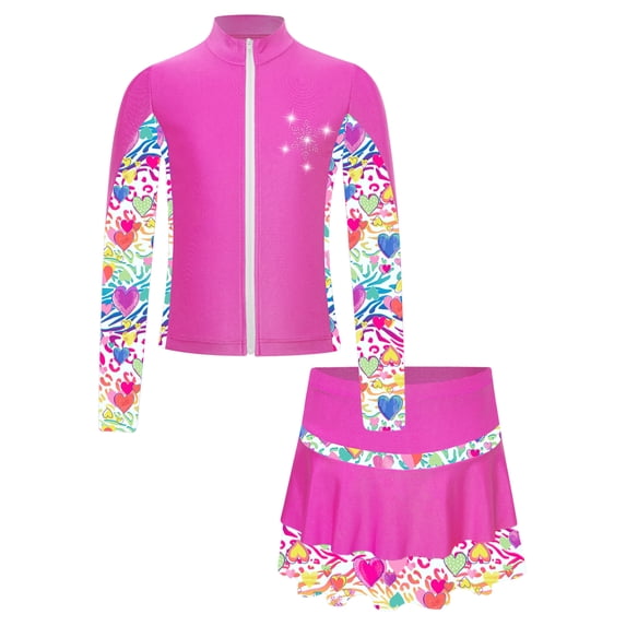 Yartina Kids Figure Ice Skating Outfit Full Zip Up Jacket Rhinestone Sweatshirt with Colorful Skater Hot Pink 6