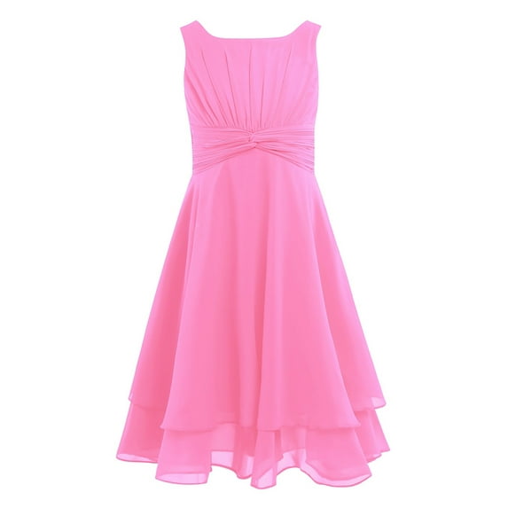 Yartina Kids Flower Girl Wedding Ball Gown Sleeveless Ruched Chiffon Pageant Party Princess Dress Pink 6