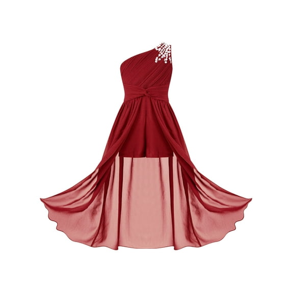 Yartina Kids Flower Girls One Shoulder Ruched Chiffon Wedding Bridesmaid Party Formal Romper Dress Burgundy 8