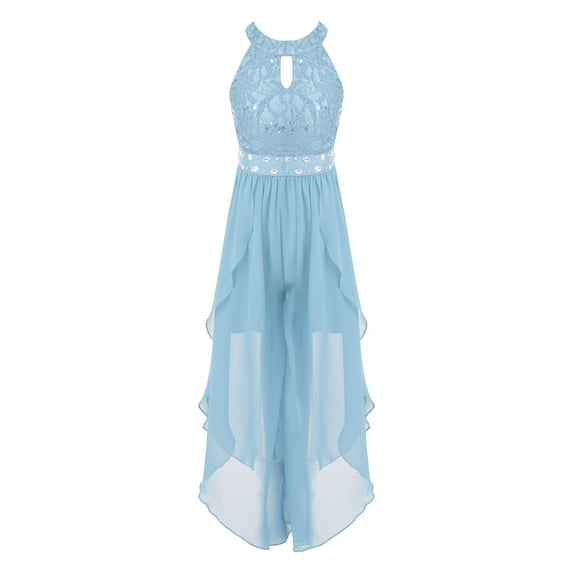 Yartina Kids Girl Sequins Lace Dress Sleeveless Halter Walk-Through Romper Maxi Party Dress Junior Sky Blue 14