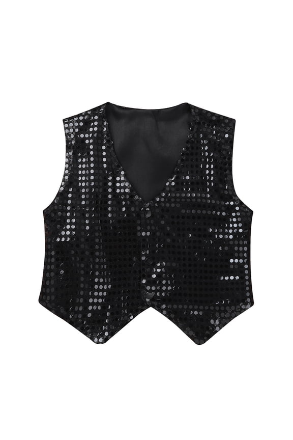 Kids Girls Boys Sequin Hip-hop Jazz Dance Waistcoat Jacket Sparkle Stage Performance Vest Black 13-14