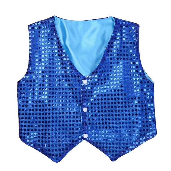 Yartina Kids Girls Boys Sequin Hip-hop Jazz Dance Waistcoat Jacket Sparkle Stage Performance Vest Blue 3-4