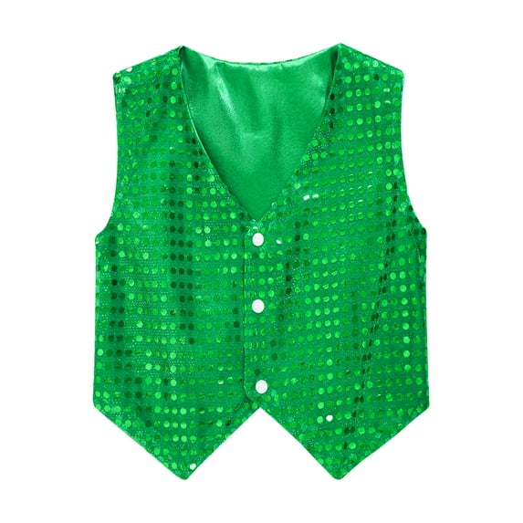 Yartina Kids Girls Boys Sequin Hip-hop Jazz Dance Waistcoat Jacket Sparkle Stage Performance Vest Green 5-6
