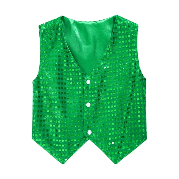 Yartina Kids Girls Boys Sequin Hip-hop Jazz Dance Waistcoat Jacket Sparkle Stage Performance Vest Green 13-14