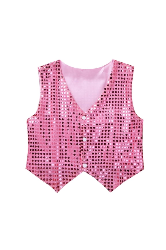Kids Girls Boys Sequin Hip-hop Jazz Dance Waistcoat Jacket Sparkle Stage Performance Vest Pink 3-4