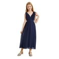 thumbnail image 1 of Yartina Kids Girls Chiffon Dress Ruched Junior Bridesmaid Dress A Line Swing Maxi Formal Pageant Prom Navy Blue 12, 1 of 7