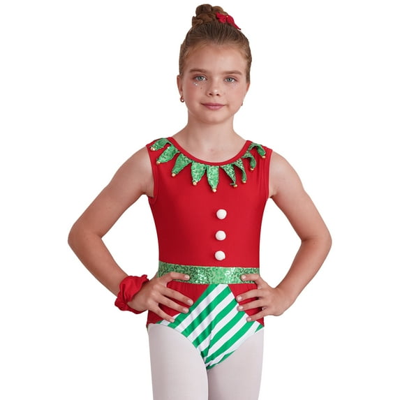 Yartina Kids Girls Christmas Gymnastics Leotard Santa Elf Costume Sequin Pompom Jumpsuit w/Headband Red 10