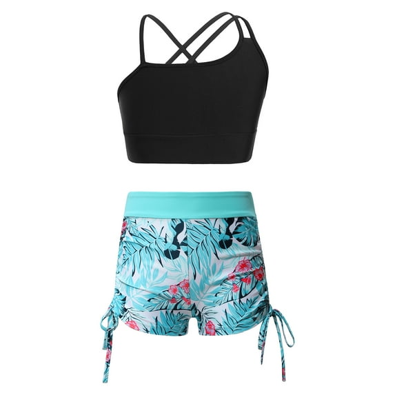 Yartina Kids Girls Crop Tops and Shorts Set 2 Pieces Tankini Swimsuit Dance Sports Outfits Gym Yoga Leaf 6